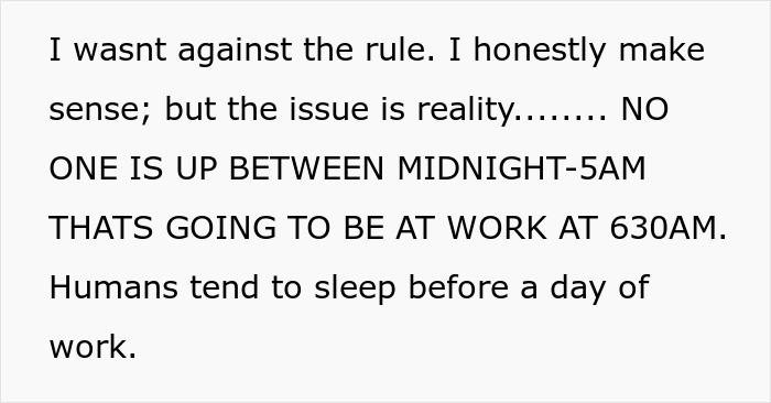 Text about worker following new policy causing disaster at medical facility, highlighting challenges in shift timing and reality.
