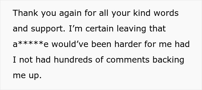 Text expressing gratitude for support while mentioning difficulty leaving a jealous husband who led on a girl for years.