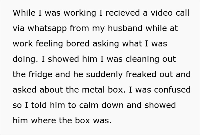 Screenshot of a WhatsApp video call message about a husband guarding a box of olives while the wife cleans out the fridge.