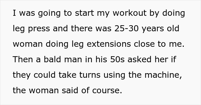 Man watches gym flirting fail as a woman and man awkwardly interact near workout machines.