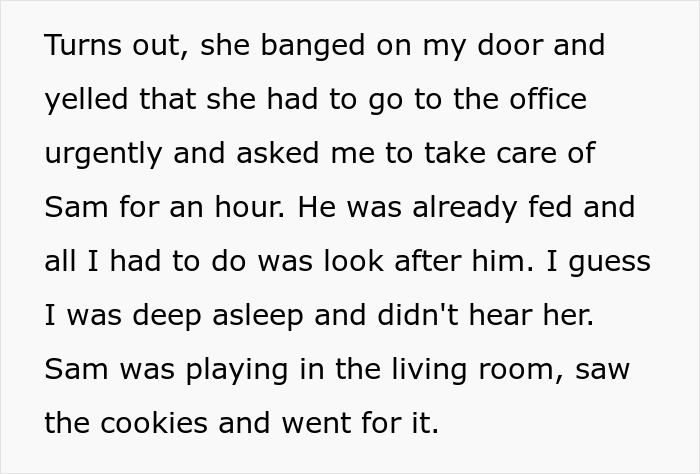 Text excerpt discussing a roommate&rsquo;s son and an allergic reaction related to refusing to pay medical bills.
