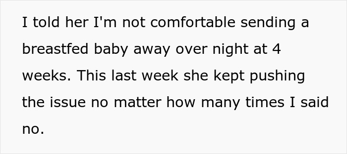 Text excerpt about a mother uncomfortable with mother-in-law stealing baby overnight despite repeated refusals. Text excerpt about a mother uncomfortable with mother-in-law stealing baby overnight despite repeated refusals.