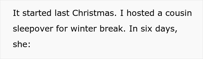 Text excerpt describing a family conflict involving an aunt banning her iPad-stealing niece from entering her home. Text excerpt describing a family conflict involving an aunt banning her iPad-stealing niece from entering her home.