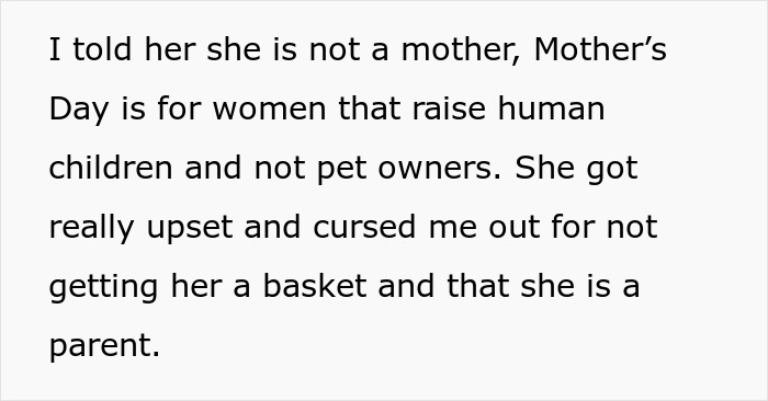 Text about Dog Mom DIL demanding equal treatment with moms with kids after MIL skips her for Mother’s Day gifting. Text about Dog Mom DIL demanding equal treatment with moms with kids after MIL skips her for Mother’s Day gifting.