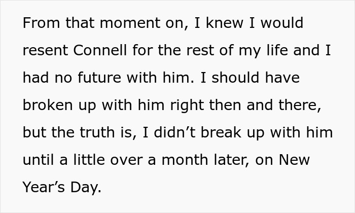 Text excerpt about a woman breaking up with her boyfriend due to trauma related to holding a newborn baby.