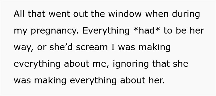 Text about pregnancy struggles highlighting mom stealing daughter&rsquo;s pregnancy announcement to avoid gender reveal party.