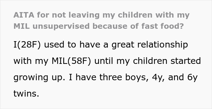 Mom refusing to leave kids with MIL after she keeps feeding them fast food, causing concern for children&rsquo;s health and diet.