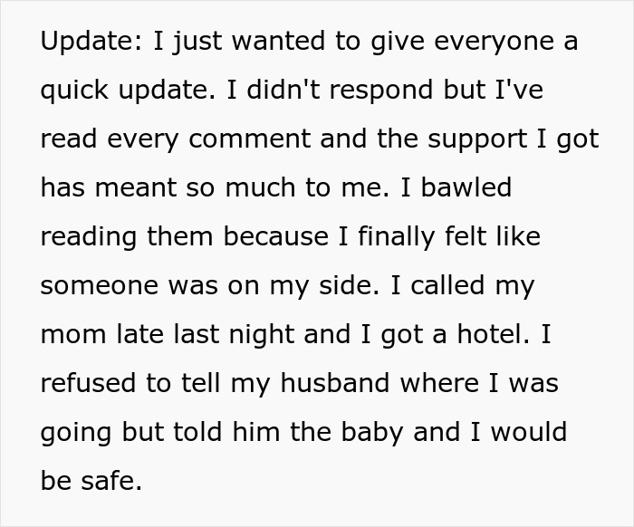 Text update about a mom feeling supported after MIL steals baby, refuses to tell husband, and seeks safety at a hotel. Text update about a mom feeling supported after MIL steals baby, refuses to tell husband, and seeks safety at a hotel.