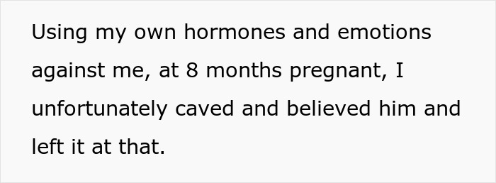 Text describing a woman&rsquo;s experience of being gaslighted during pregnancy, highlighting emotional struggle and regret.