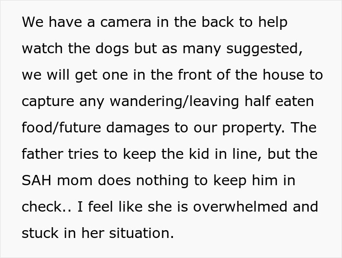 Text discussing setting up cameras to monitor dogs and property damage caused by neighbor’s kid using fence as fast food window. Text discussing setting up cameras to monitor dogs and property damage caused by neighbor’s kid using fence as fast food window.