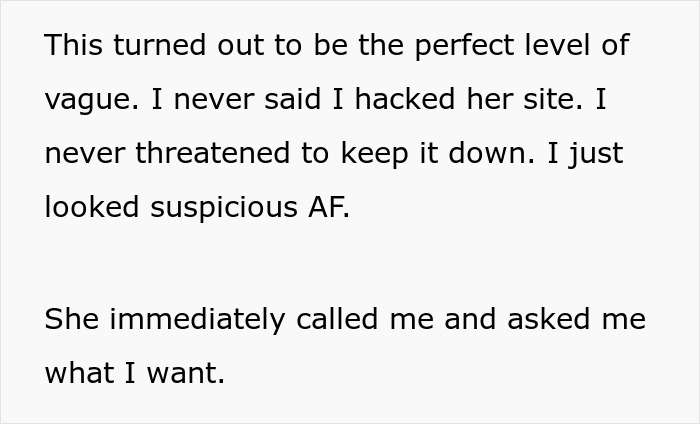 Text excerpt discussing freelancer tricking client after she suspects hacking, focused on client payment conflict.