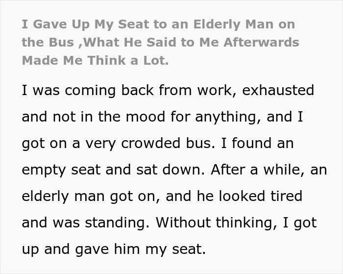Passenger showing a small act of kindness by giving up seat to elderly man on a crowded bus, sparking conversation.