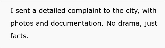 Text slide showing a message about sending a detailed complaint with photos and documentation about a neighbor&rsquo;s fence.