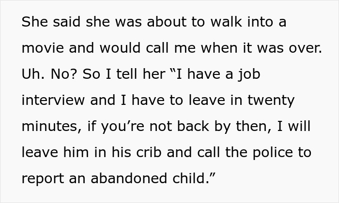 Screenshot of text describing a tense parenting conflict involving police threats and abandoned child concerns.