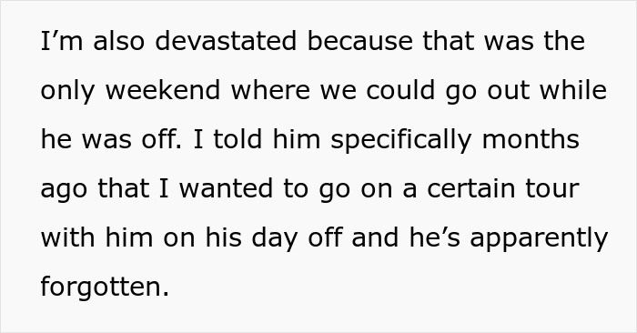 Text excerpt about feeling devastated over a forgotten plan during a vacation refusing to babysit boyfriend’s niece. Text excerpt about feeling devastated over a forgotten plan during a vacation refusing to babysit boyfriend’s niece.