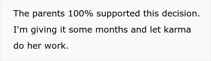 Text on a white background stating parents fully supported the babysitter dyeing girls&rsquo; hair pink and are waiting to see karma&rsquo;s outcome.