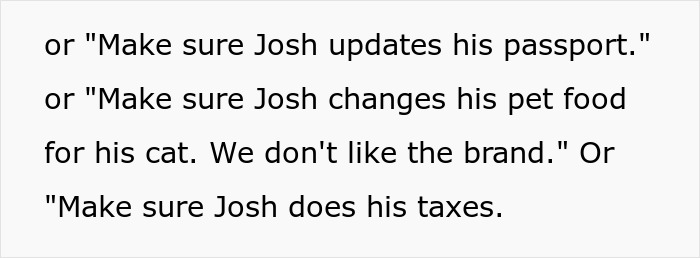 Text excerpt showing examples of helicopter parents treating their 29-year-old son&rsquo;s girlfriend like a nanny and daily planner.