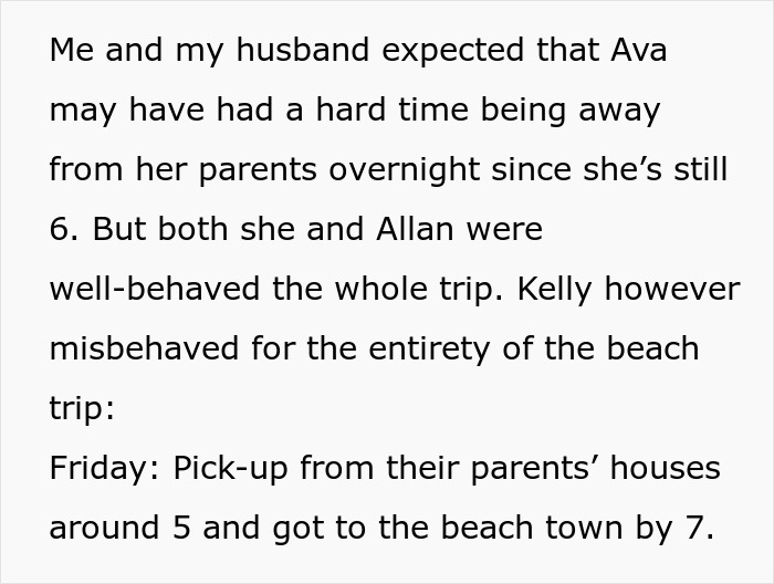 Text excerpt discussing a woman refusing to take sister&rsquo;s kid on trips due to misbehavior and parenting challenges.