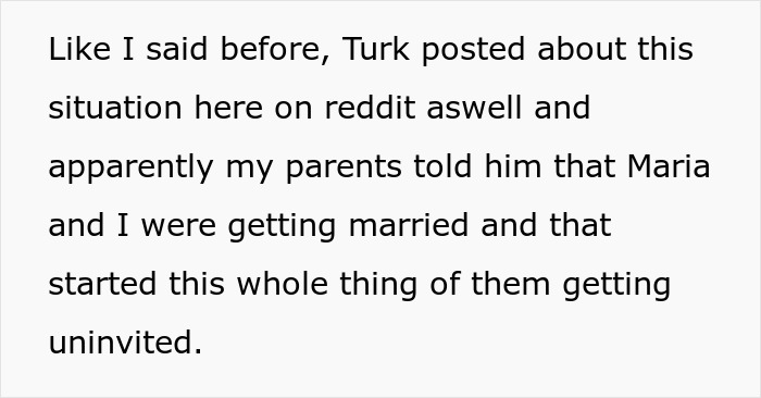 Text excerpt from a Reddit post explaining parents got uninvited from brother&rsquo;s wedding after demanding invitation.
