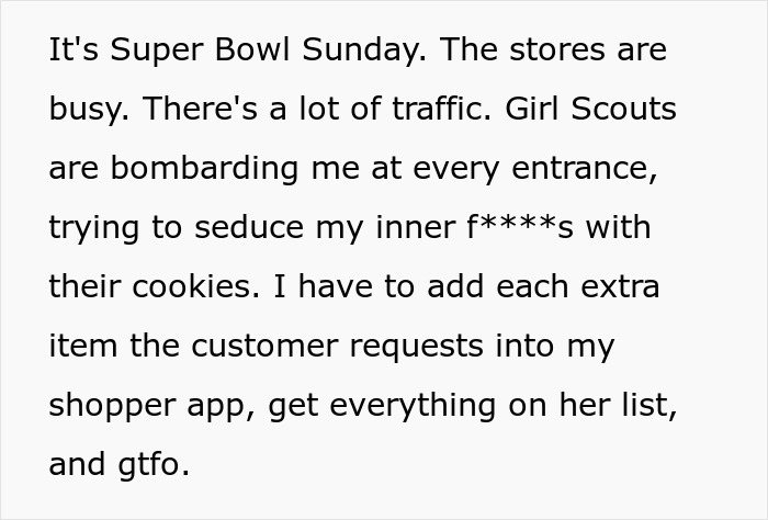 Text on a white background describing a busy Super Bowl Sunday and a shopper dealing with extra item requests from a grocery Karen.