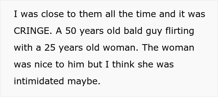 Text excerpt describing a guy watching gym flirting go badly, highlighting awkward interaction between a 50-year-old man and a younger woman.