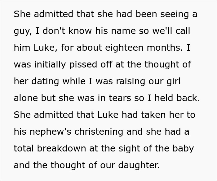 Text excerpt describing a man raising a newborn alone and his emotional struggle after ex reappears three years later.