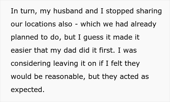 Text excerpt discussing family members stopping location sharing after dad's front-row seat request to daughter's delivery is denied.