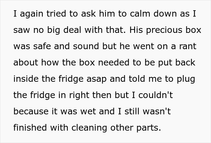 Text excerpt describing a husband guarding his box of olives while wife cleans, causing a meltdown.