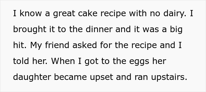 Text about a dairy-free cake recipe causing confusion over eggs used, sparking a dairy debate.