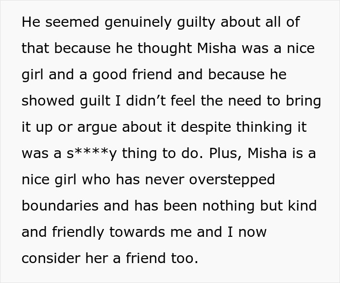 Text excerpt discussing guilt and friendship dynamics involving the girl husband led on, reflecting jealousy and relationship boundaries.