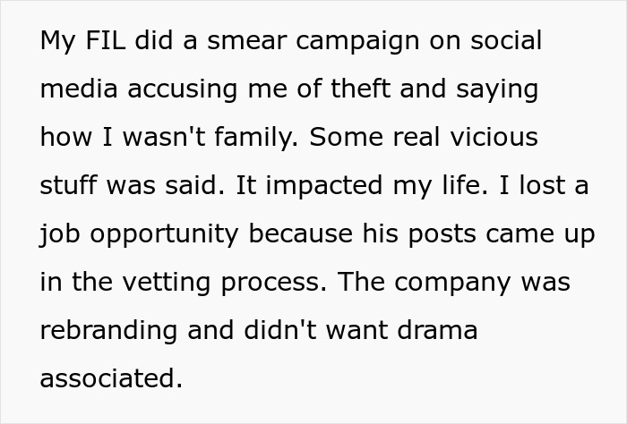 Text from a personal story where FIL accuses son-in-law of theft causing loss of job opportunity due to social media posts.