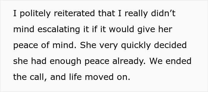 Text excerpt on screen showing a polite escalation offer ending a call, reflecting manager and engineer interaction about file deletion.