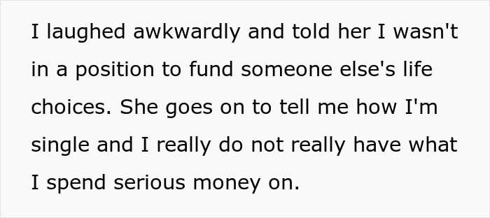 Text discussing being single with no kids and refusing to fund a distant cousin&rsquo;s entire wedding expenses.