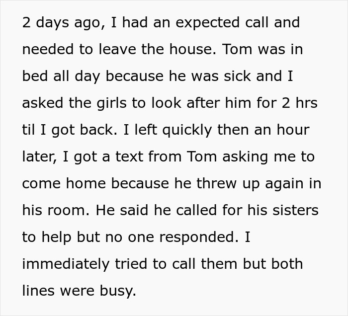 Alt text: Text about mom confronting daughters for neglecting their sick half-brother during a family emergency.
