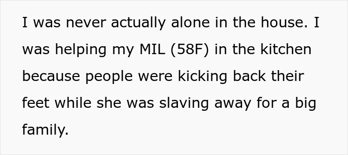 Text excerpt showing a person describing helping their mother-in-law in the kitchen while others relaxed during a family gathering.