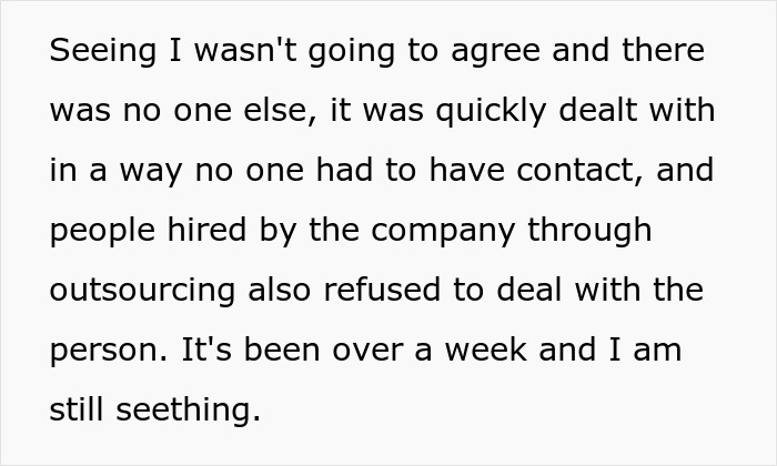 Text excerpt about refusing a risky work nomination due to not having kids, describing seething frustration over a week.