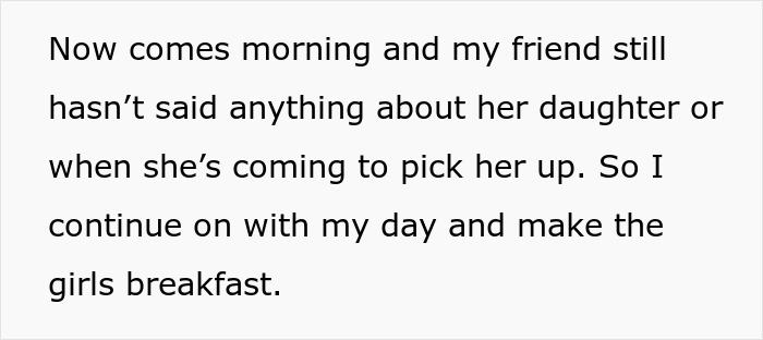 Text excerpt describing morning routine as friend remains silent about her daughter, related to WBTA charging friend for furniture damage.