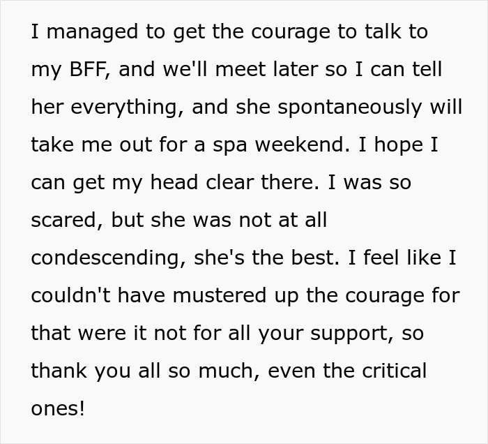 Text sharing a woman's experience of gaining courage with support, linked to woman's husband leaves her after being hit on.