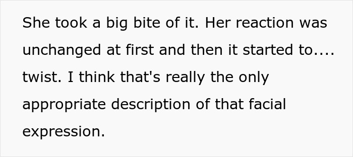 Text describing a person&rsquo;s facial expression changing after taking a big bite, related to revenge on roommate stealing food.