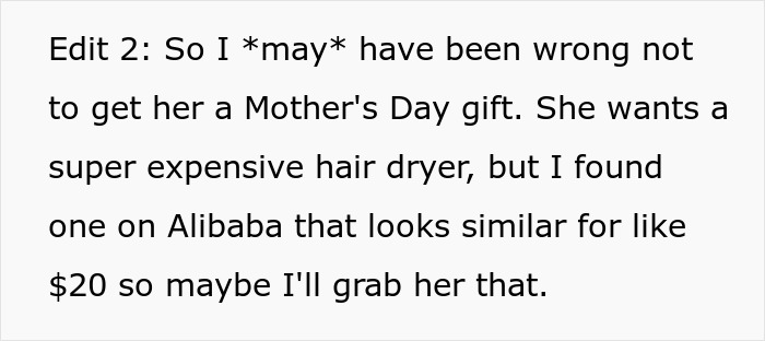 Text discussing a man refusing to consider his pregnant wife a mom and debating a Mother&rsquo;s Day gift purchase.
