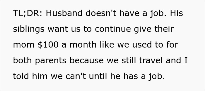 Text excerpt about wife refusing to support husband&rsquo;s mom after job loss, discussing family conflict and finances.