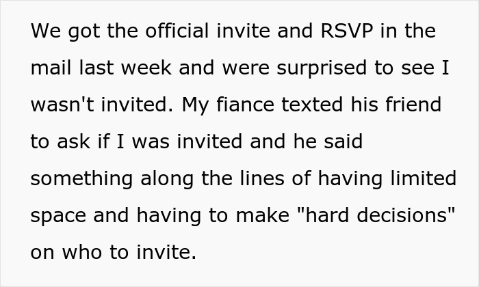 Text screenshot describing a woman&rsquo;s frustration about not being invited to a friend&rsquo;s wedding with her fianc&eacute; due to limited space.