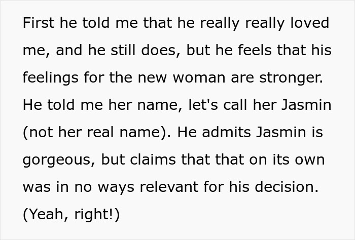 Alt text: Text excerpt discussing a woman&rsquo;s husband leaving her after being hit on for the first time in his life.