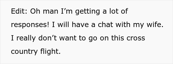 Screenshot of a dad expressing hesitation about joining his wife&rsquo;s work trip with the kids on a cross-country flight.