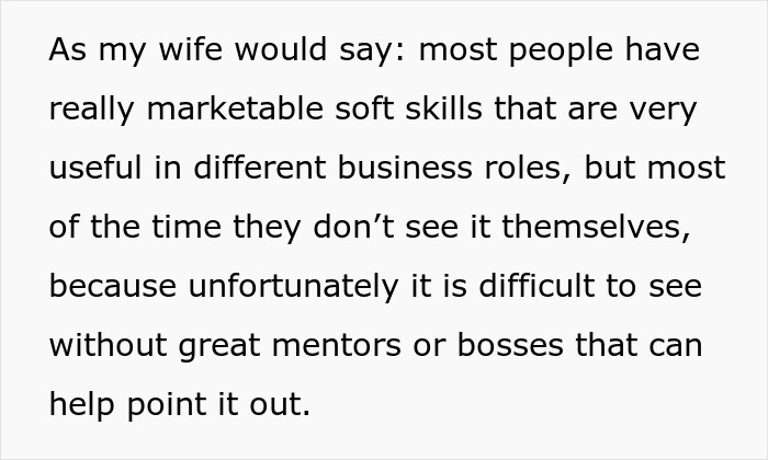 Text highlighting the importance of soft skills in business roles from a professional career coach sharing tips for acing interviews.
