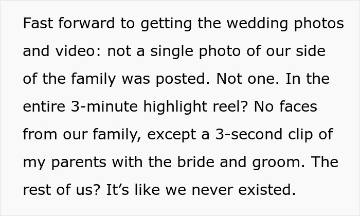 Wedding revenge controversy: family excluded from wedding photos and video highlight reel, sparking strong reactions online.