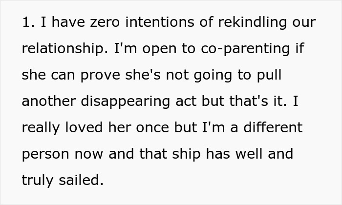 Text excerpt from a man raising newborn alone, discussing co-parenting and forgiving his ex after her sudden reappearance.