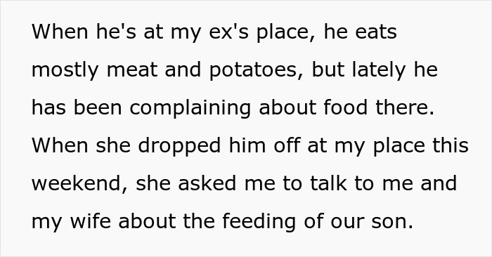 Text excerpt discussing son&rsquo;s preference for dad&rsquo;s rabbit food over mom&rsquo;s nutritious chicken, sparking a family talk.