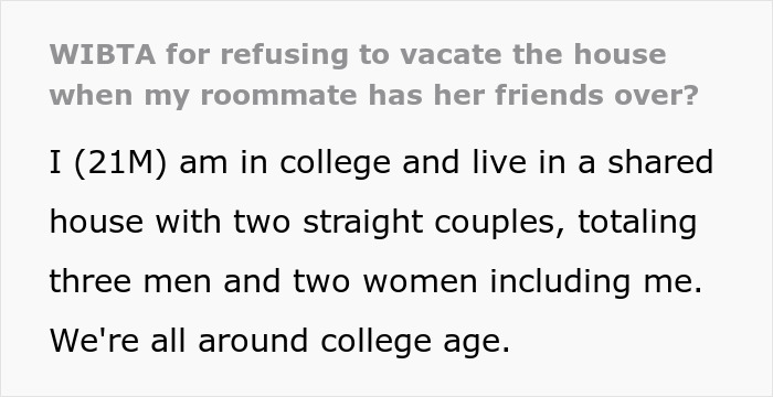 Text post about a student asked to leave house during roommate&rsquo;s party, debating guests&rsquo; comfort and fairness.
