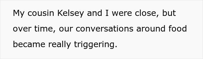 Text on white background stating how conversations around food became triggering due to woman’s son with autism. Text on white background stating how conversations around food became triggering due to woman’s son with autism.